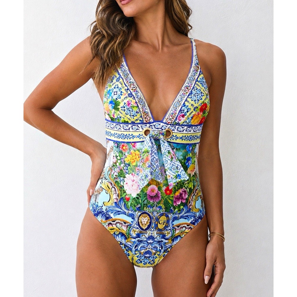 CAMILLA Crystal Embellished Printed One Piece Swimsuit Blue M US 8.